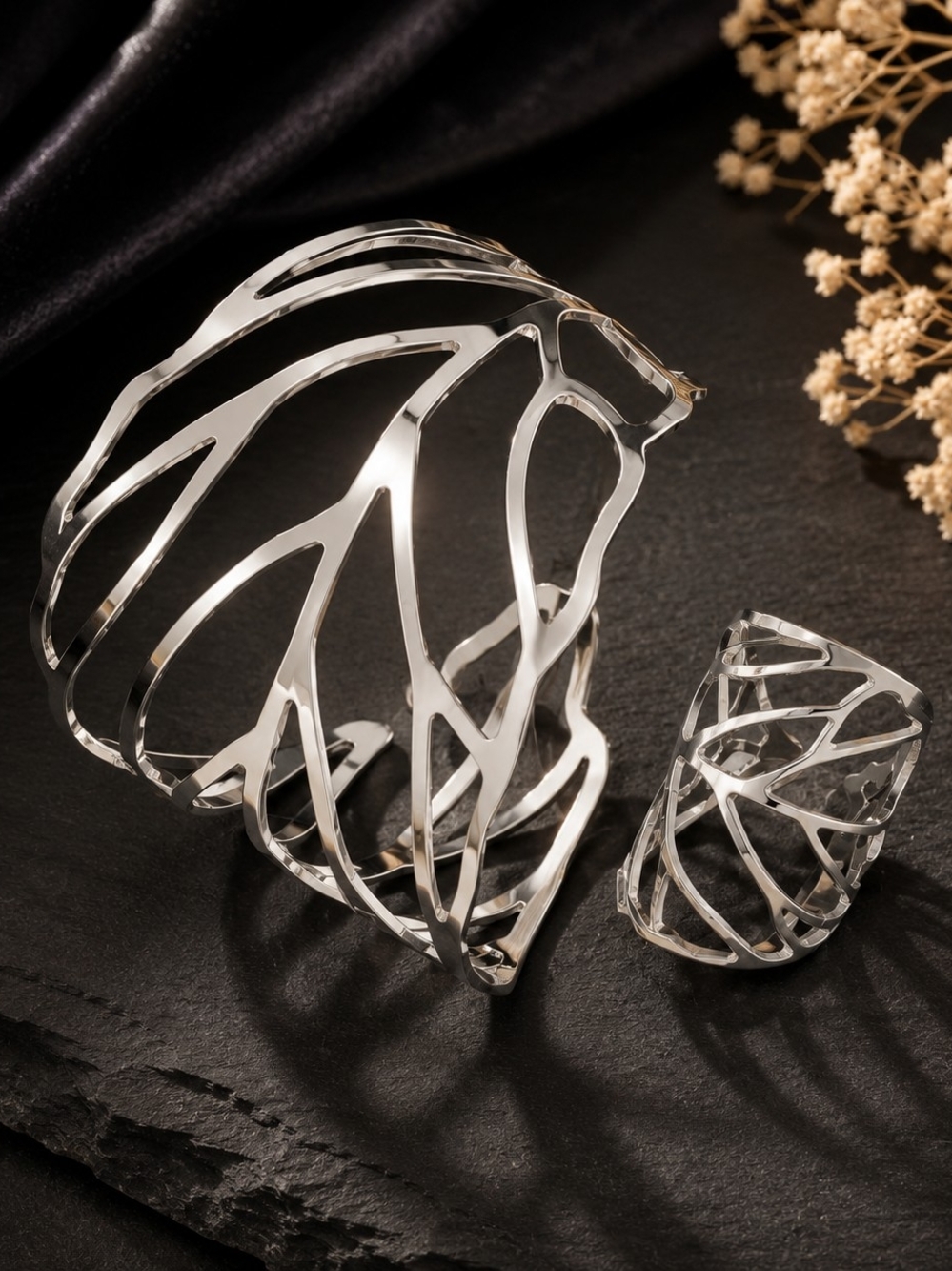 Silver Tone Open Leaf Cuff Bracelet & Adjustable Ring Set New
